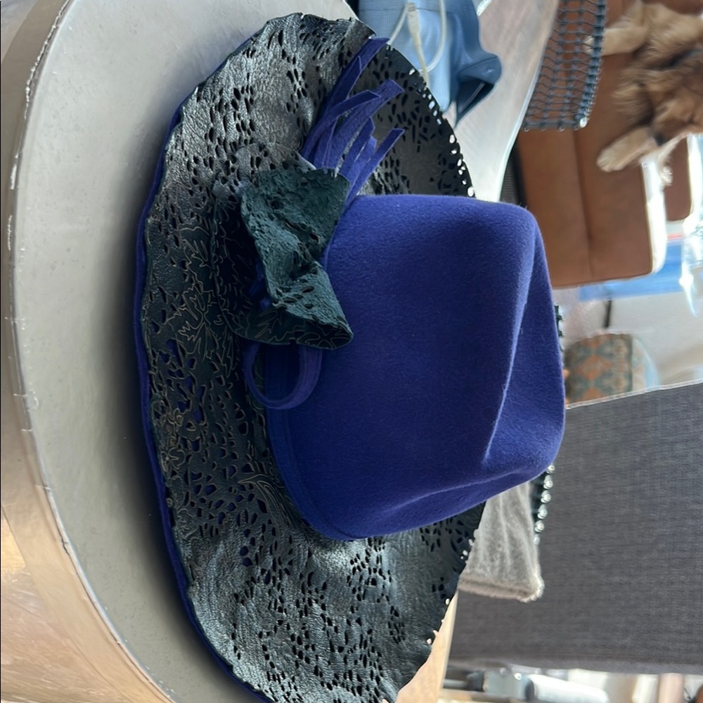 Purple and Black Women's Hat.Felt with leather cutout accent brim. In box